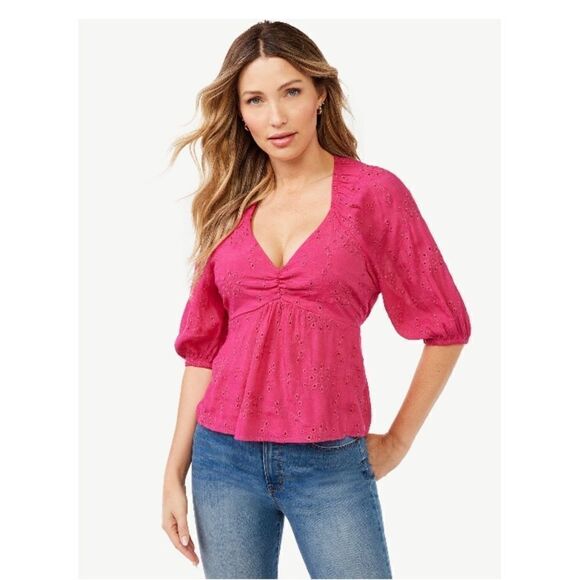 Women’s Sofia Vergara Eyelet Baby Doll Soft Comfy Blouse Top Shirt Size M - Picture 2 of 7
